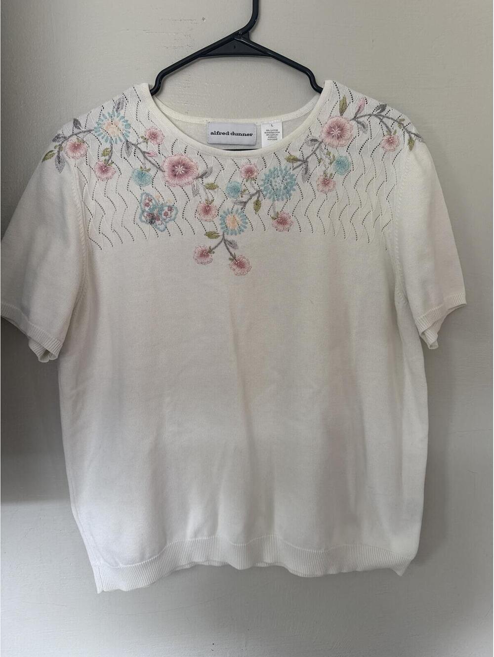 Vintage Alfred Dunner Embroidered Floral Pointelle Sweater Top Cream Size L